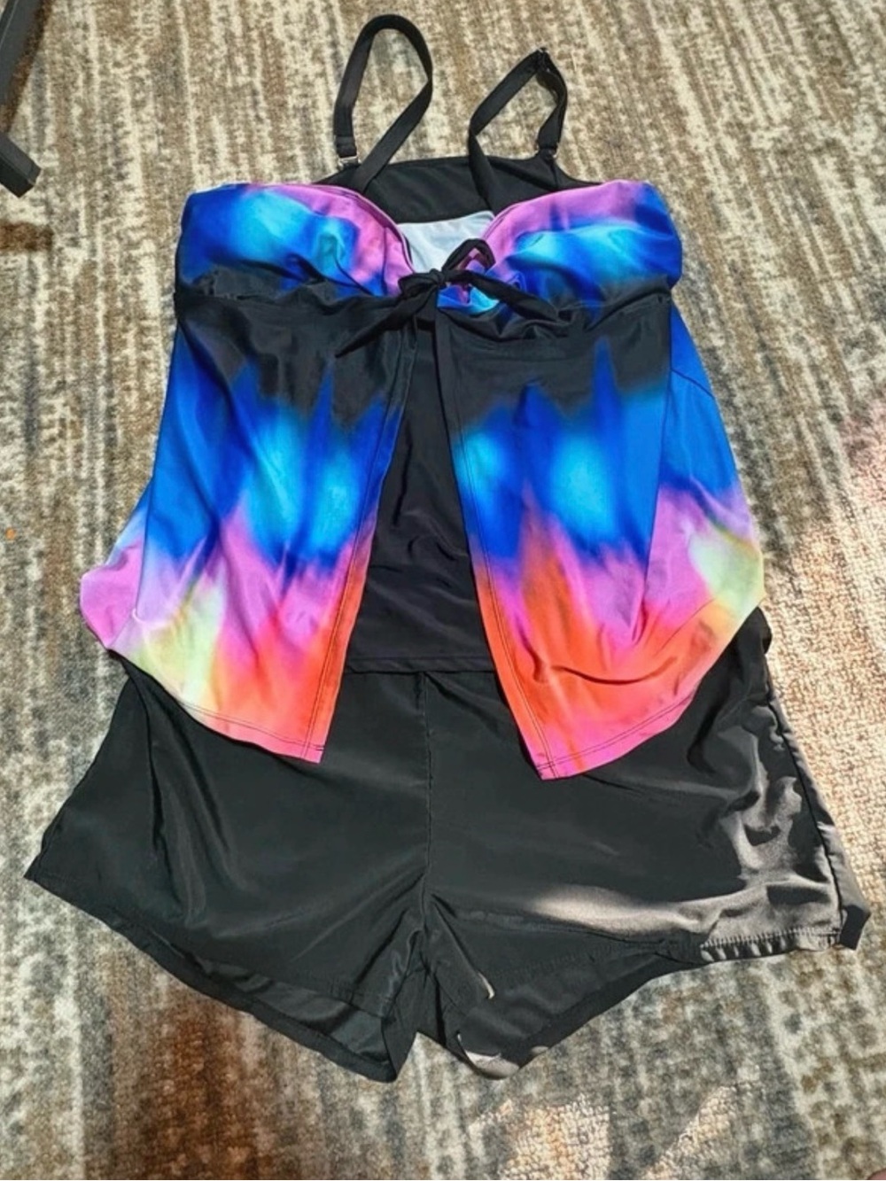 Black One-Piece Tankini with Multicolor Ombre Front